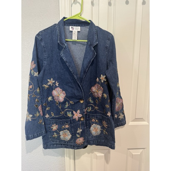 Sweet Jackets & Blazers - Vintage Denim Floral Jean Blazer Jacket Cottagecore Embroidered Boho Small Med